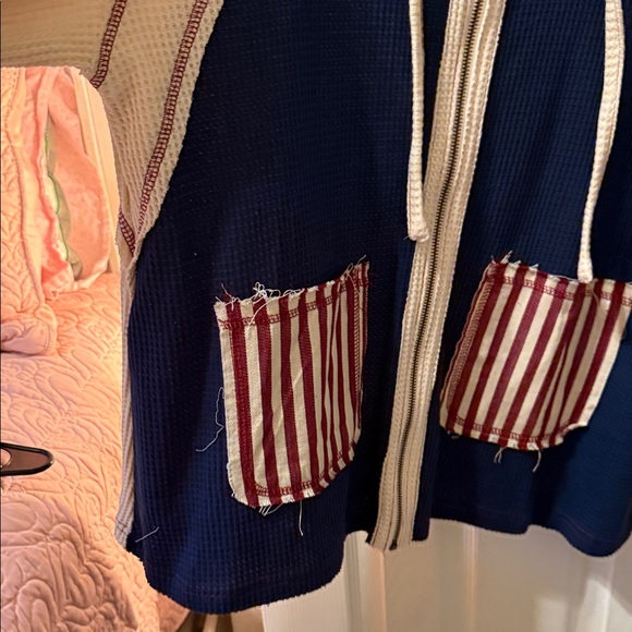 POL Waffle-Knit Zip Hoodie in Navy, Cream, Burgundy - Picture 4 of 6